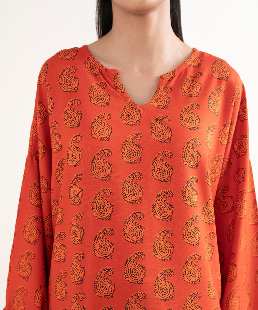 Women's RTW Cotton Printed Drop Shoulder Orange Shirt
