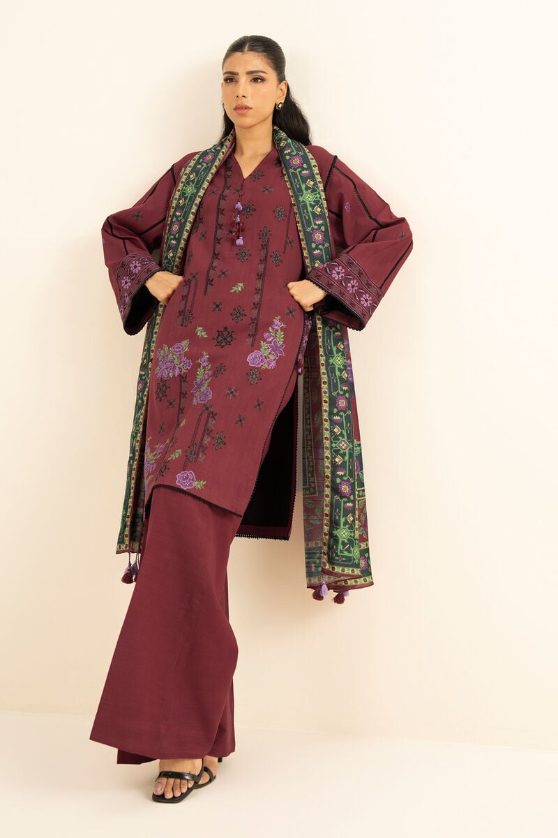 3 Piece - Embroidered Raw Silk Suit