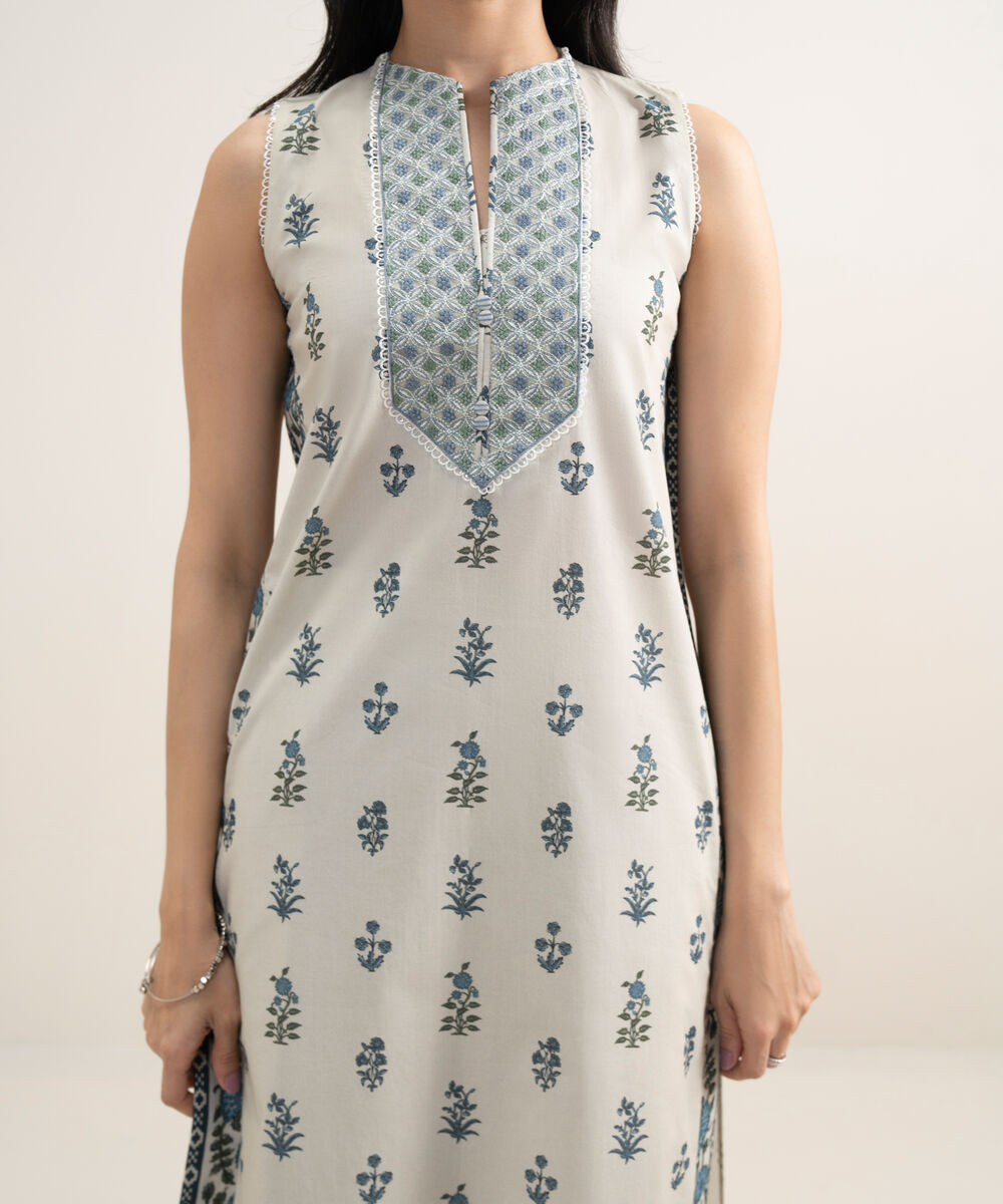 Women's Unstitched Lawn Embroidered Off White and Blue 3 Piece Suit