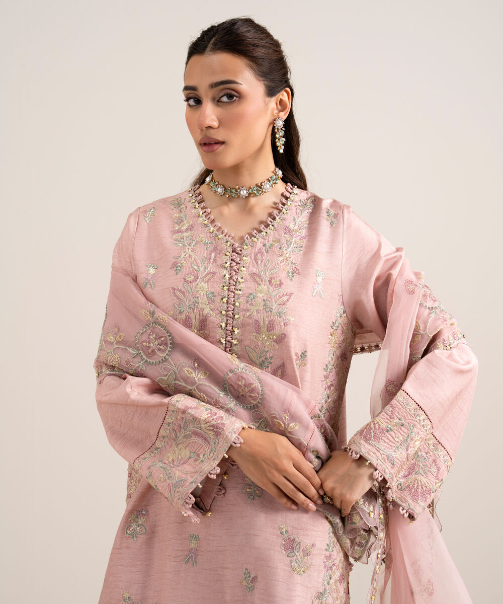 Women's Unstitched Embroidered Viscose Raw Silk Teal Pink 3 Piece Suit