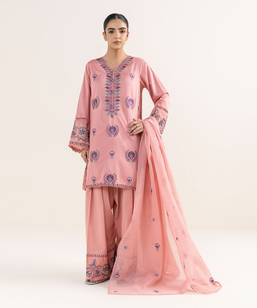 Women's RTW Cotton Satin Pink Embroidered A-Line Shirt