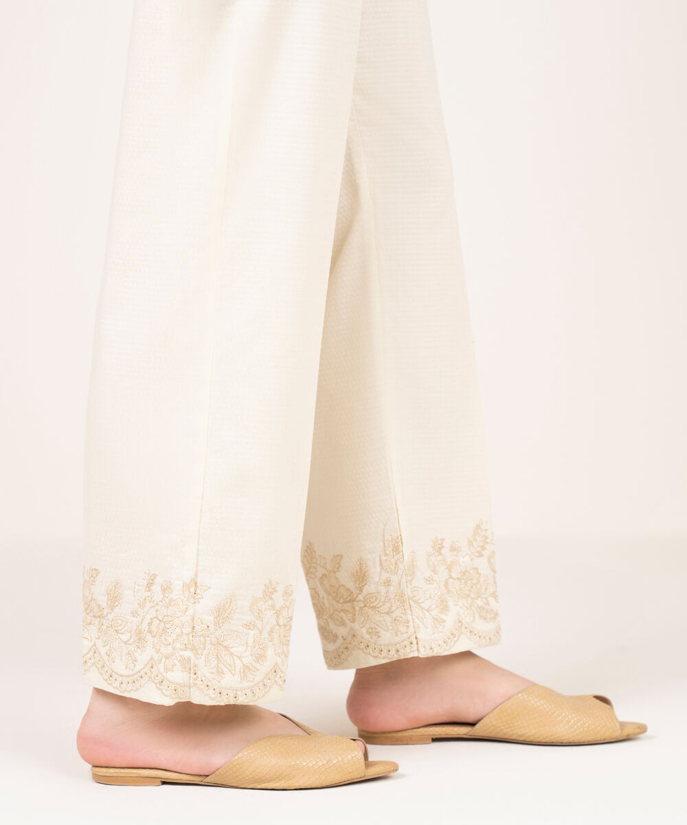 Women's RTW Dobby Embroidered Off White Culottes