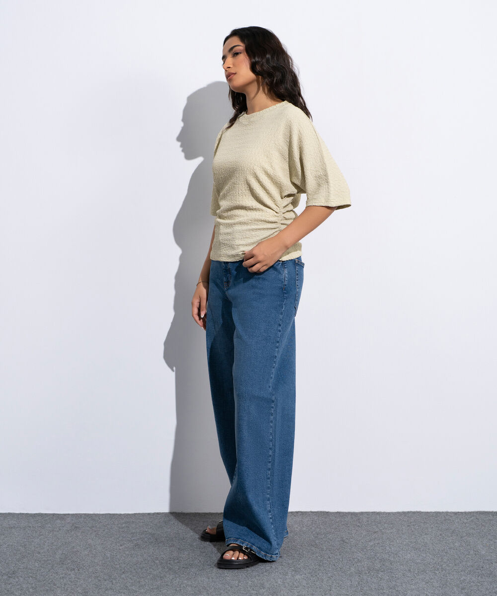 Women's Beige Cinched Waist Textured T-Shirt