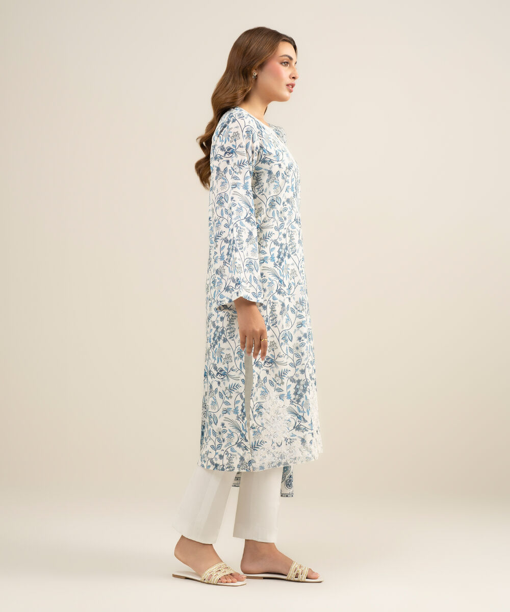 Women's Unstitched Lawn Embroidered Teal Blue and Off white 2 Piece Suit