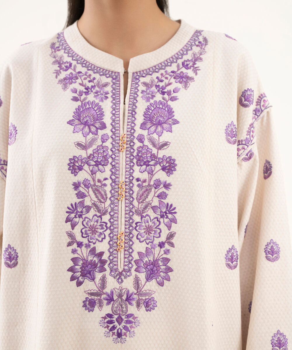 Women's Unstitched Dobby Embroidered Off White Three Piece Suit