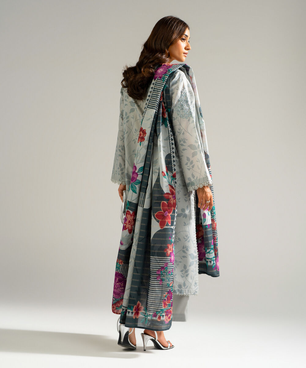 Women's RTW Zari Lawn Embroidered Grey 3 Piece Suit
