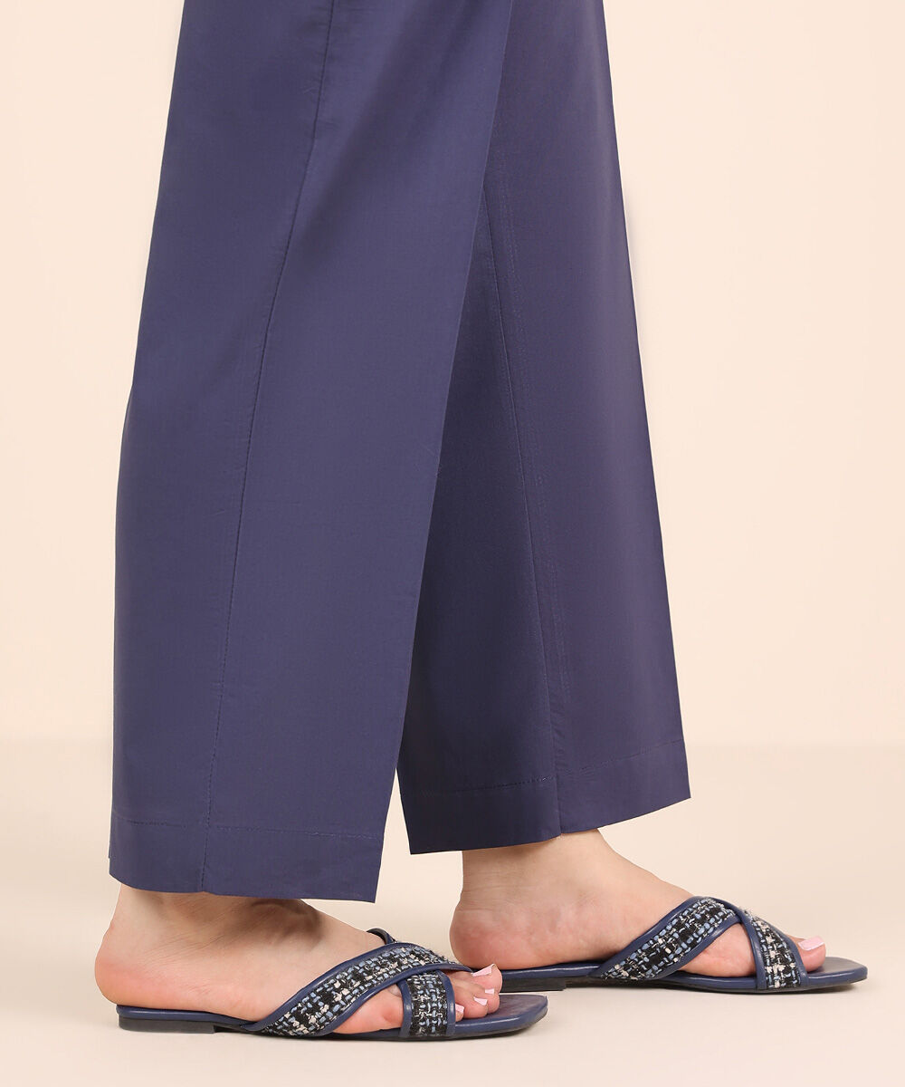 Women's RTW Cambric Blue Solid Straight Pants