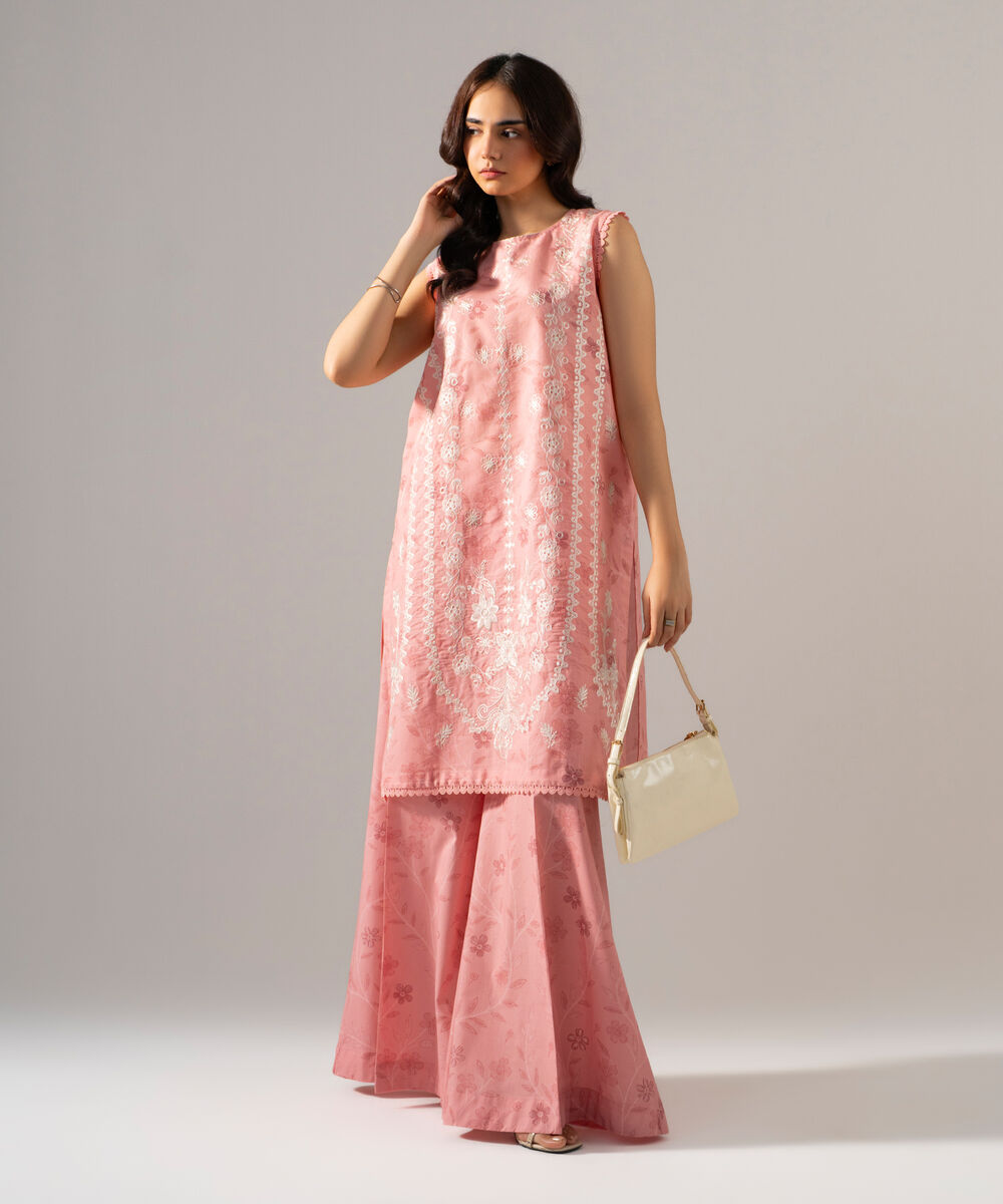Women's RTW Fancy Cotton Printed Embroidered Pink 2 Piece Suit