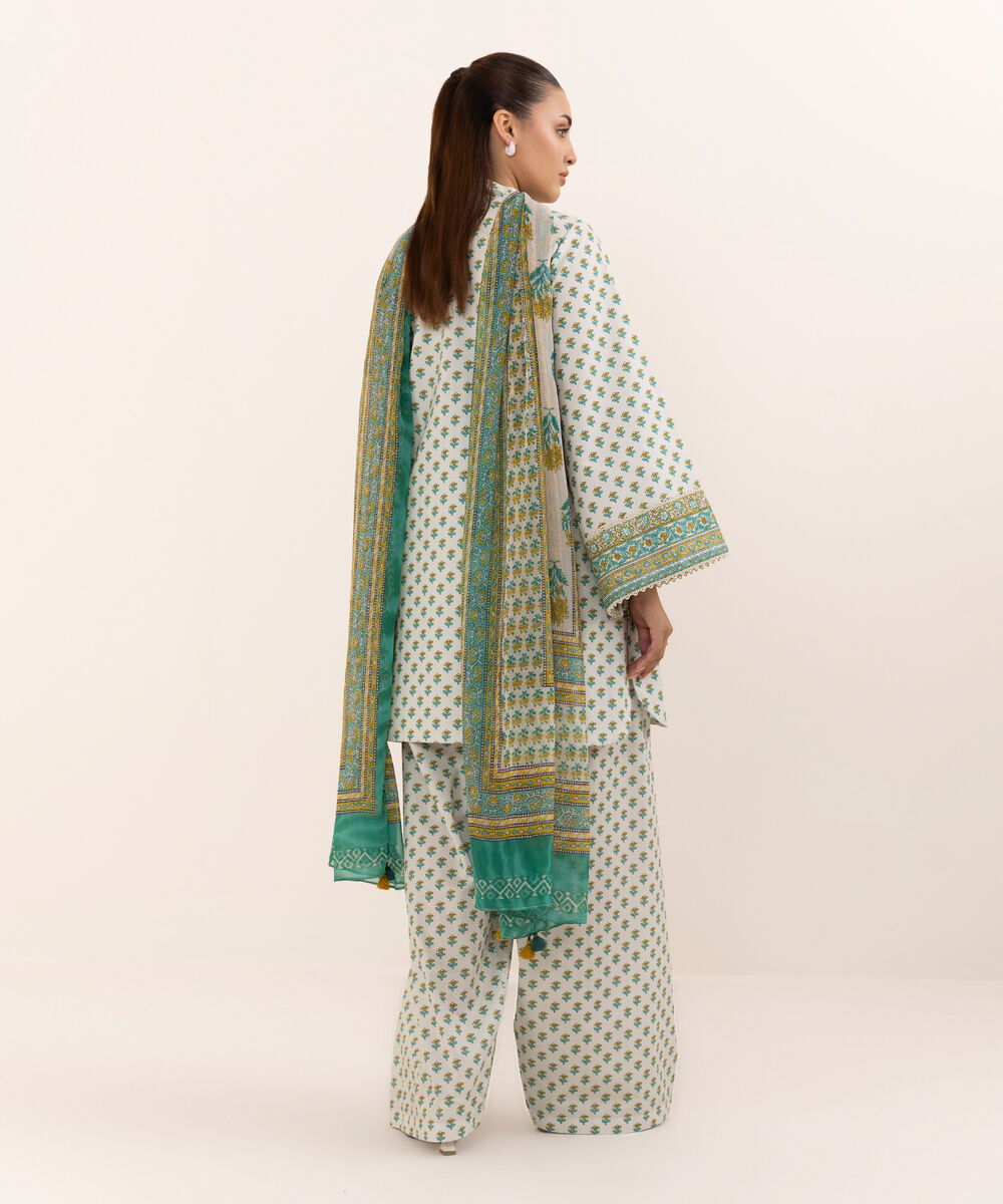 Women's Unstitched Cotton Printed Off White Three Piece Suit