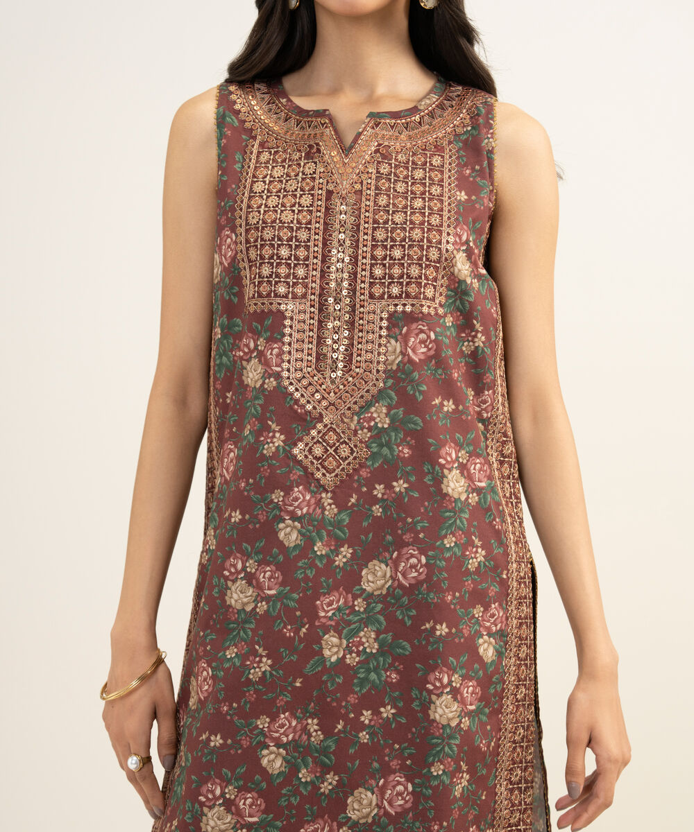Women's Unstitched Lawn Embroidered Brown 3 Piece Suit