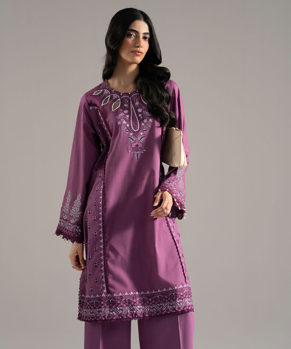 Women's RTW Solid Embroidered Cross Hatch Purple A-Line Shirt