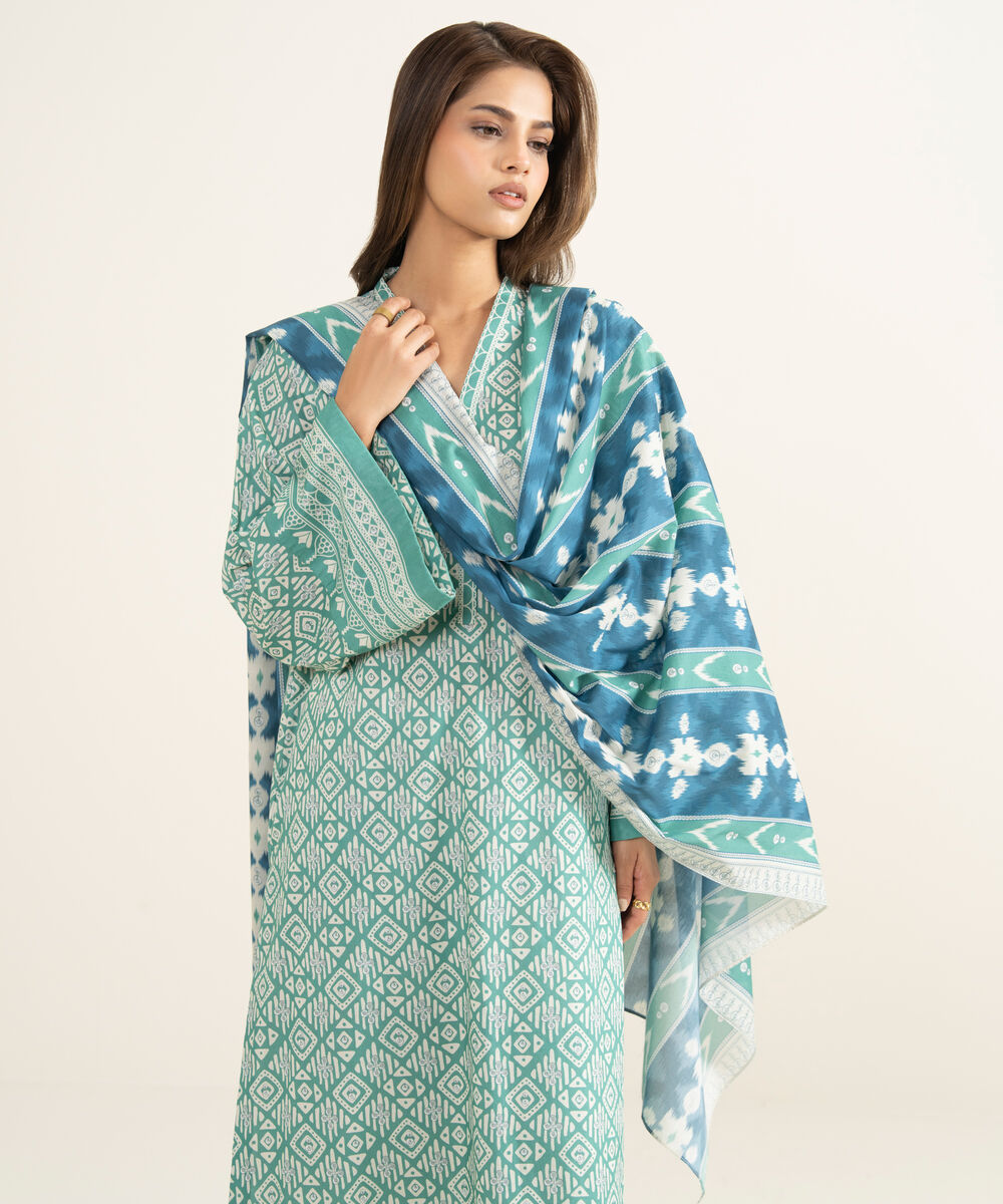 Women's Unstitched Lawn Printed Green 2 Piece Suit