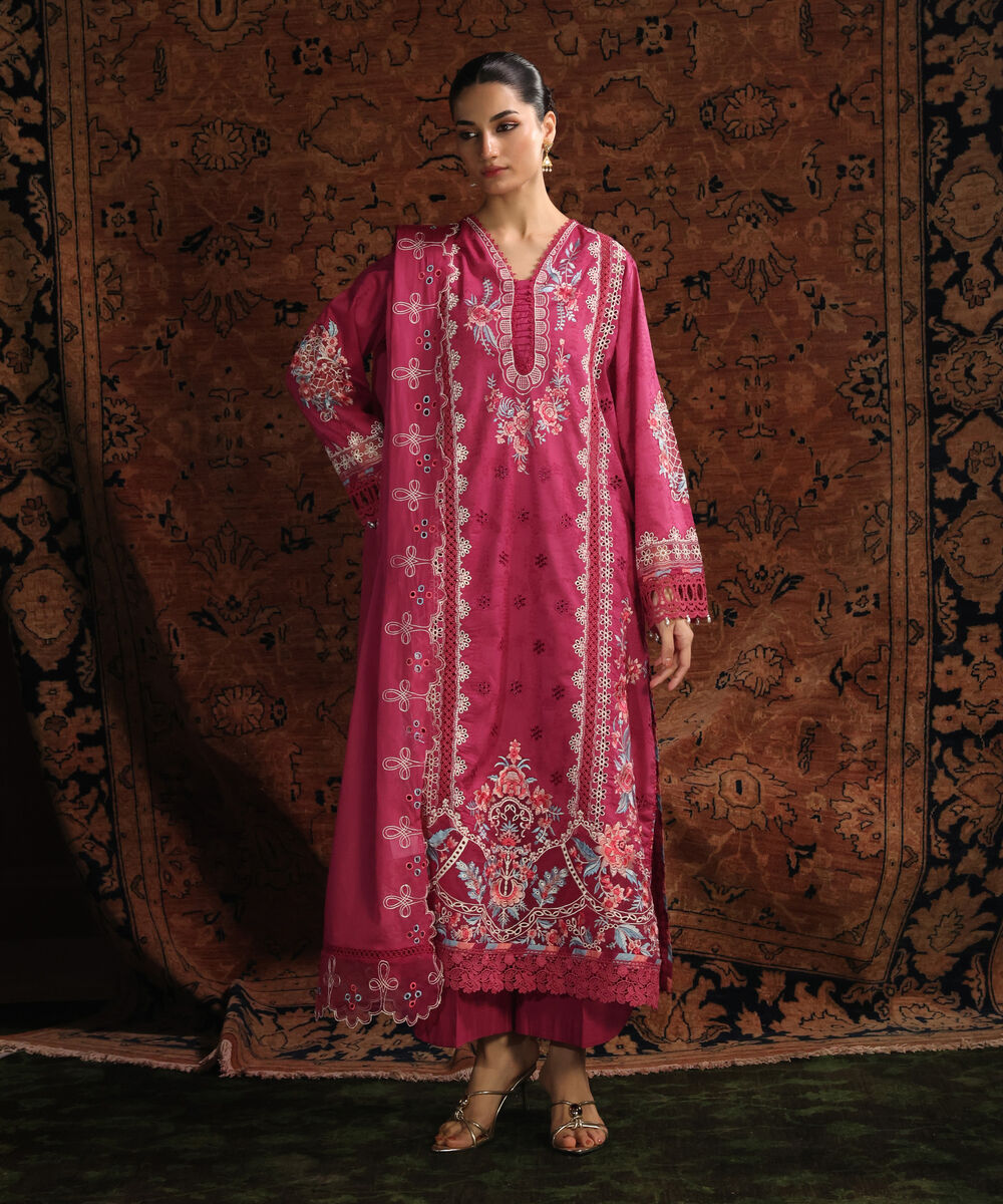 Women's RTW Self Jacquard Solid Embroidered Pink 3 Piece Suit