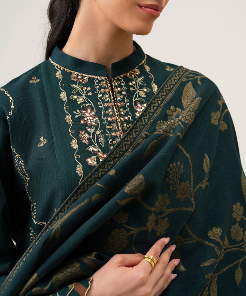 Women's Unstitched Basic Khaddar Embroidered Green 3 Piece Suit