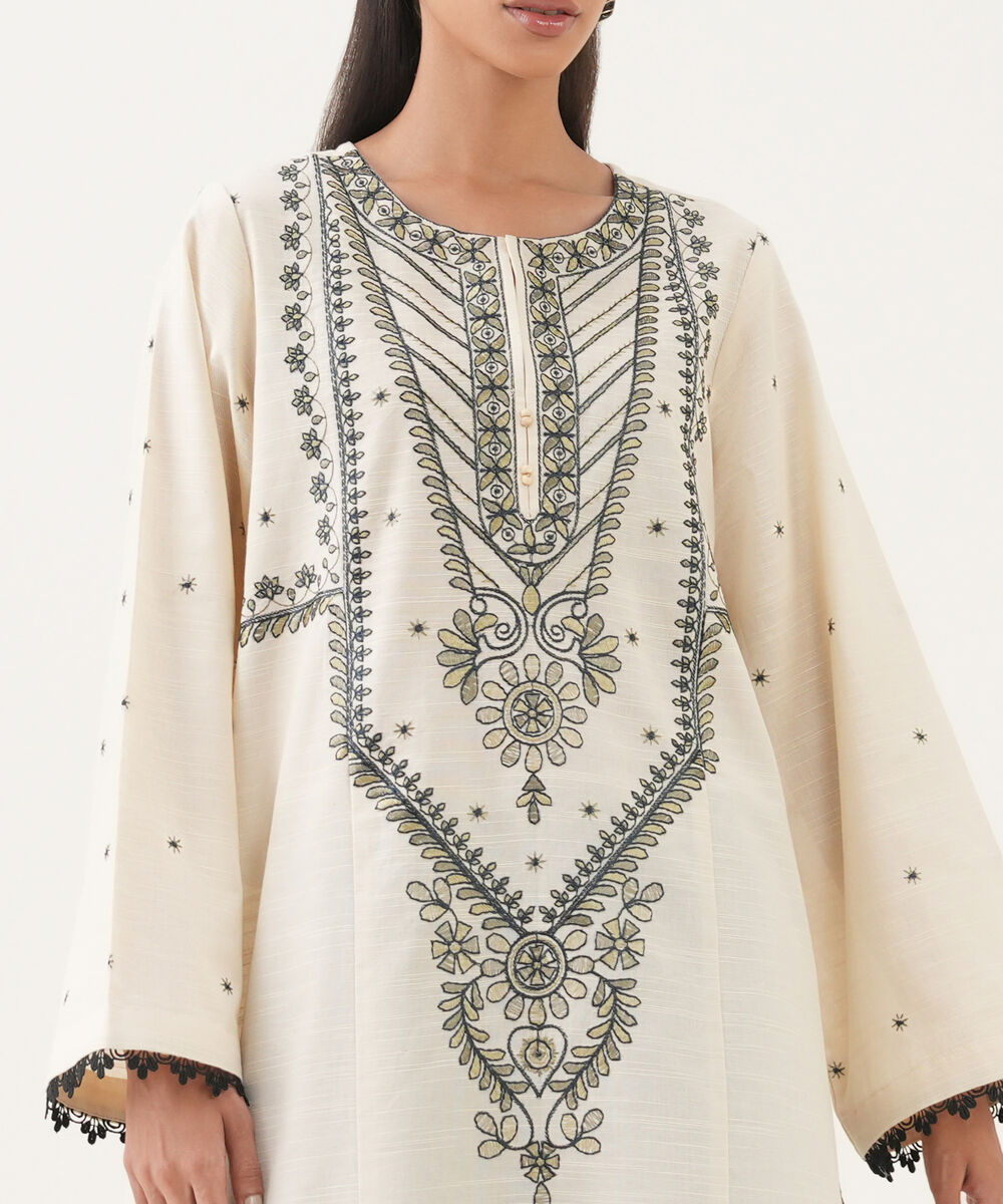 Women's RTW Light Khaddar Embroidered A-Line Off White Shirt