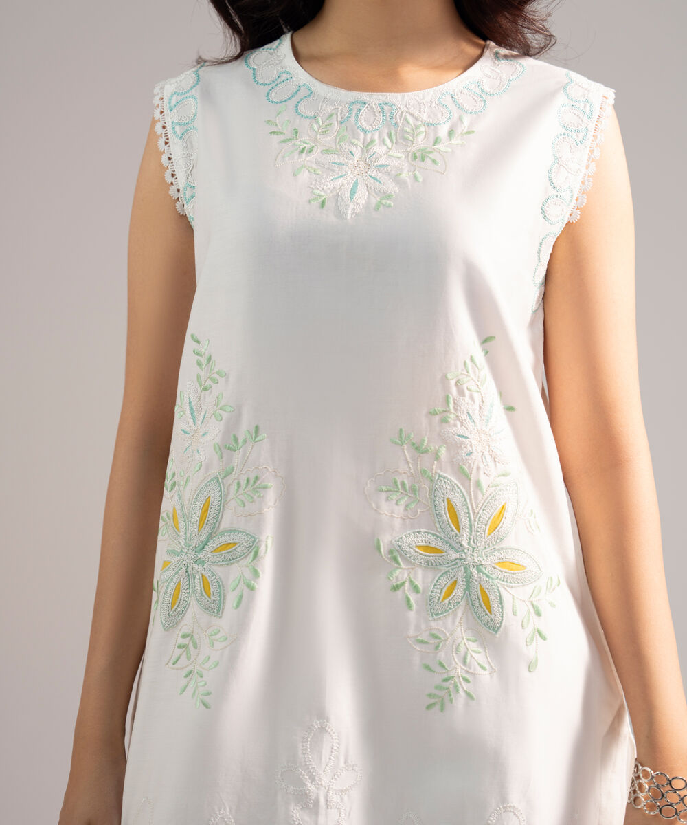 Women's RTW Cotton Satin Embroidered White 2 Piece Suit