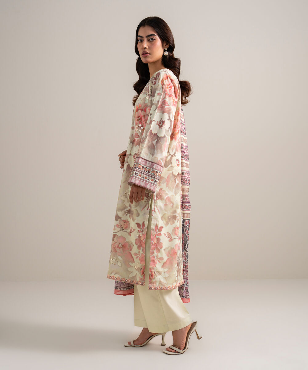 Women's Unstitched Lawn Embroidered Tea Pink and Off White 3 Piece Suit