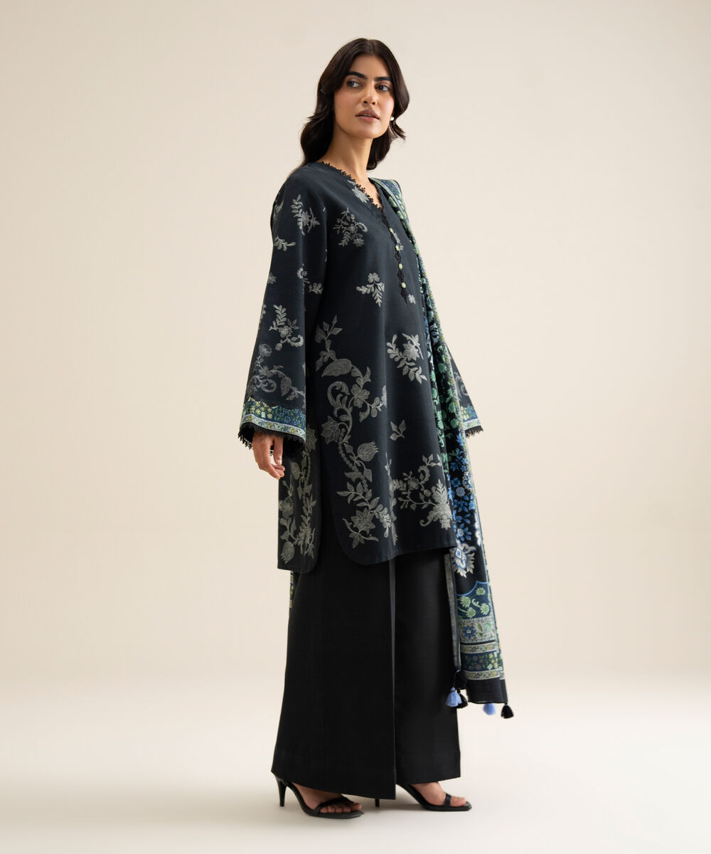 Women's Unstitched Premium Khaddar Printed Black 3 Piece Suit