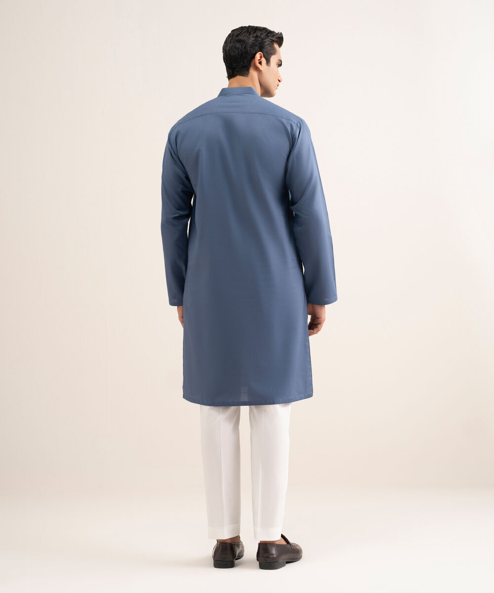 Men'S Stitched Blue Cotton Jacquard Kurta