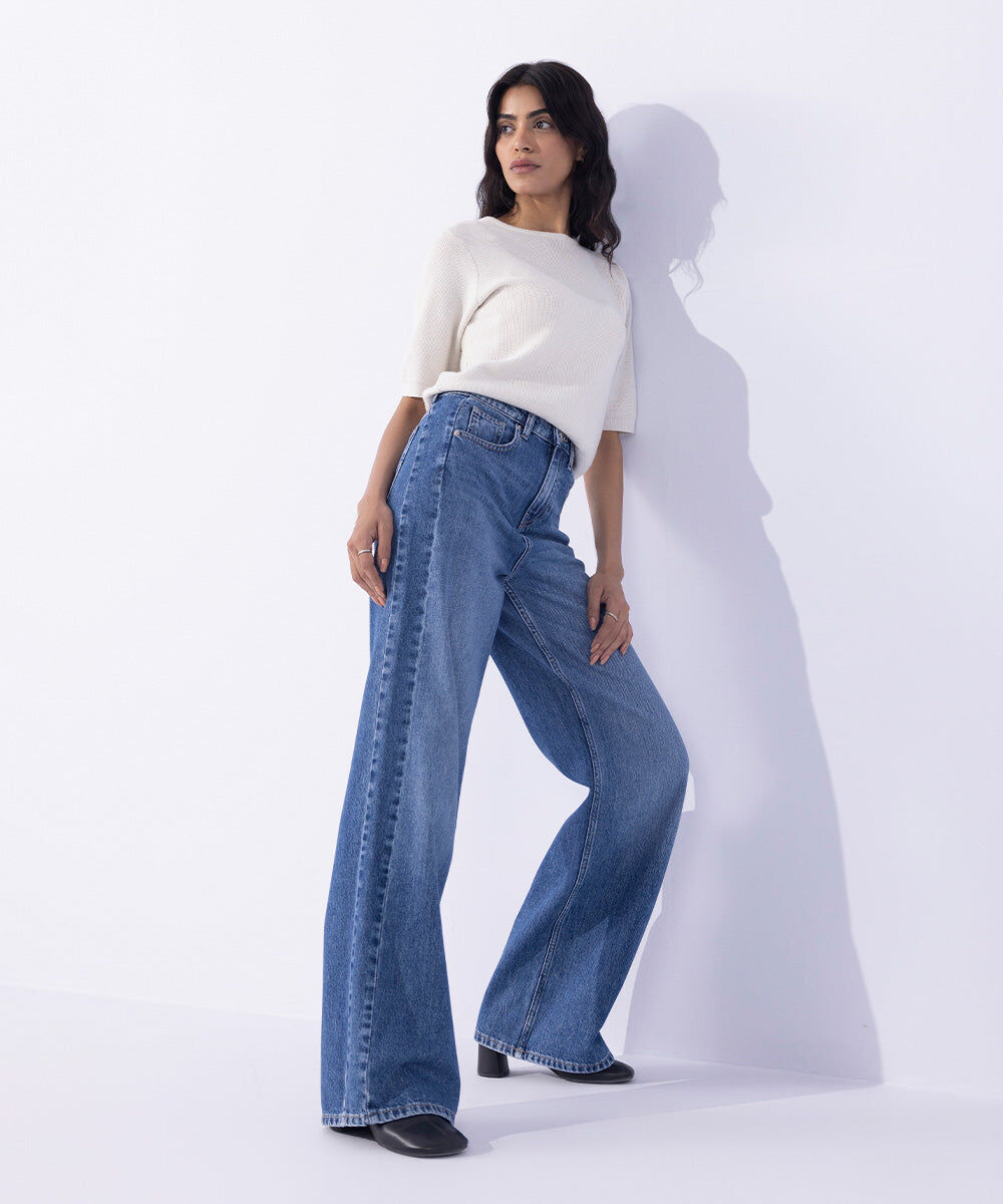 Woman - Blue Wide Leg Jeans with Side Panel