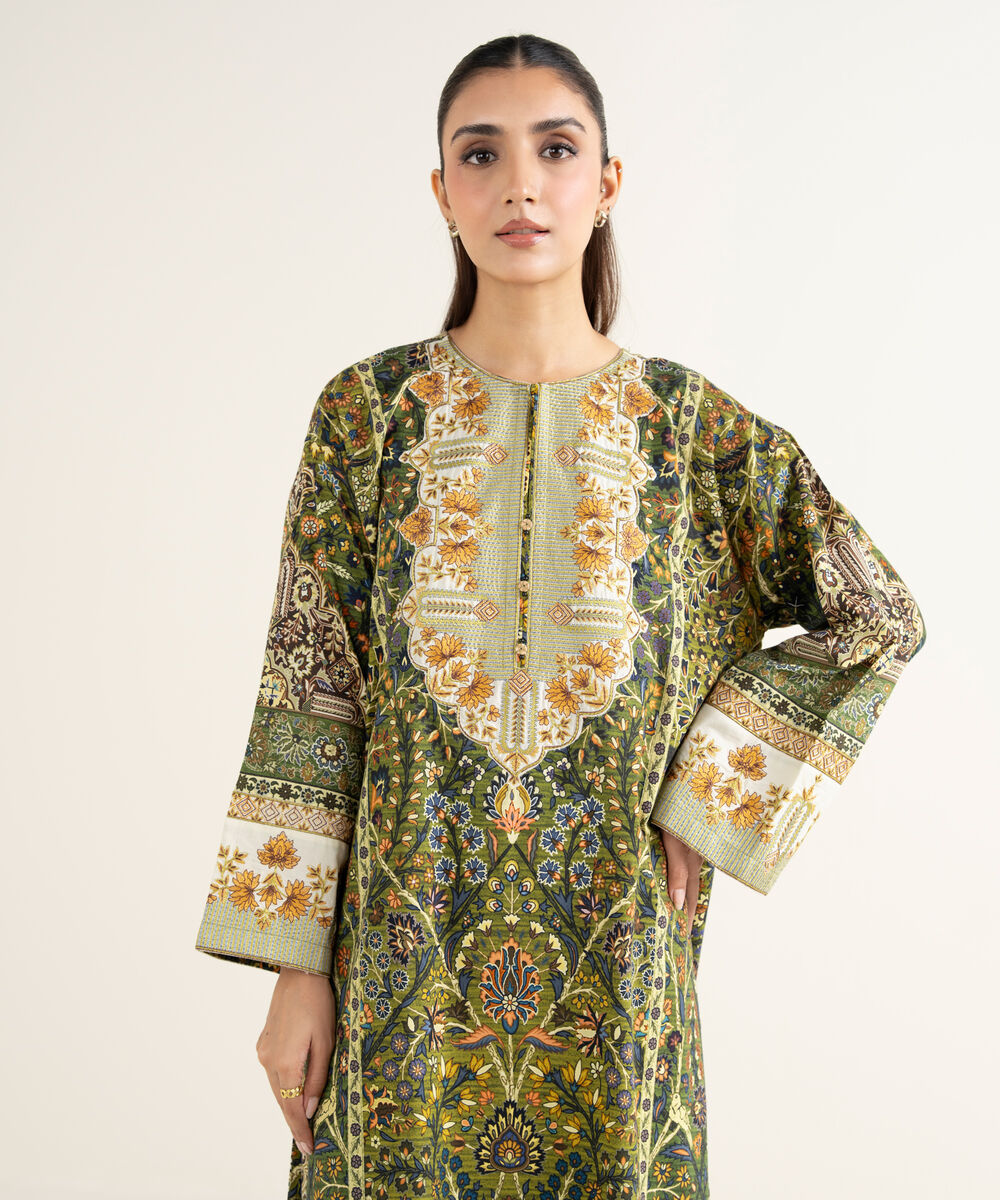 Women's RTW Linen Viscose Embroidered Green A-Line Shirt
