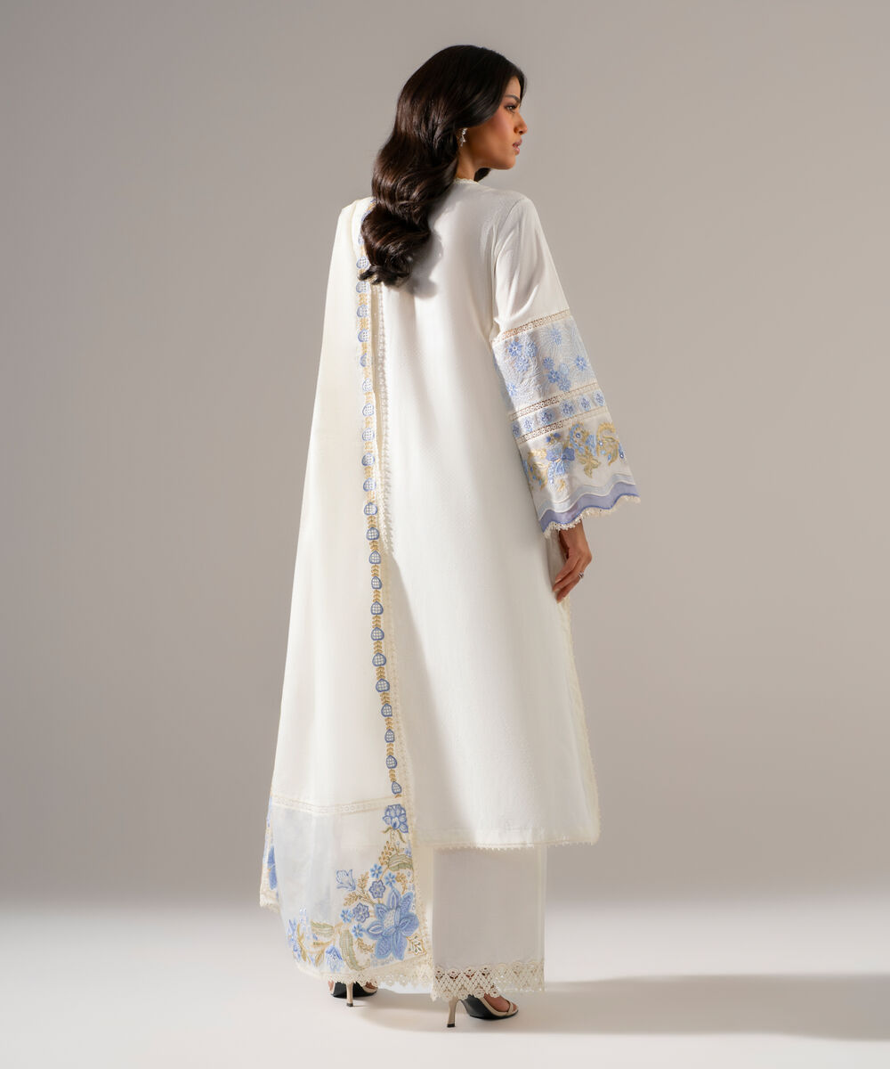 Women's RTW Dobby Solid Embroidered White 3 Piece Suit