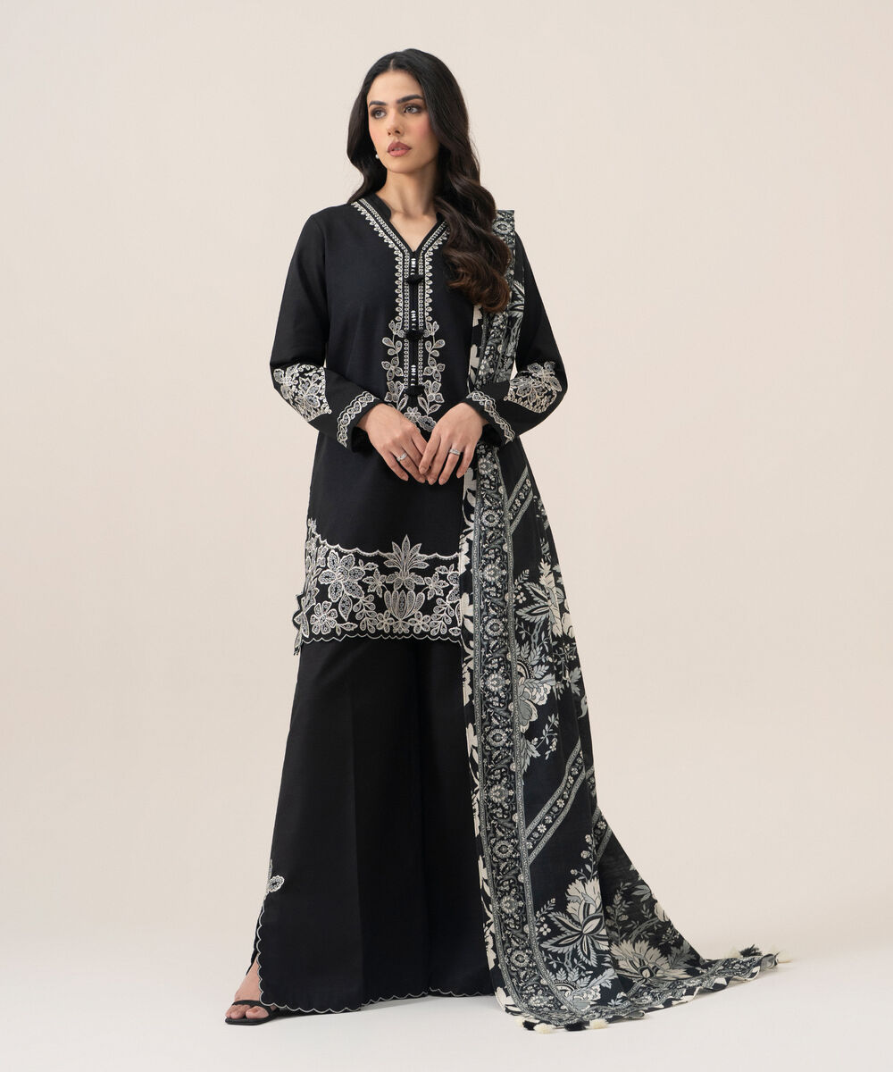 Women's Unstitched Basic Khaddar Embroidered Black 3 Piece Suit