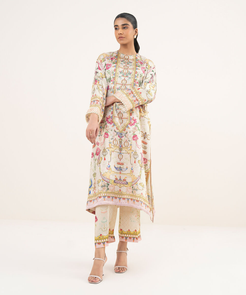 Women's RTW Blended Satin Beige Printed A-Line 2 Piece Suit