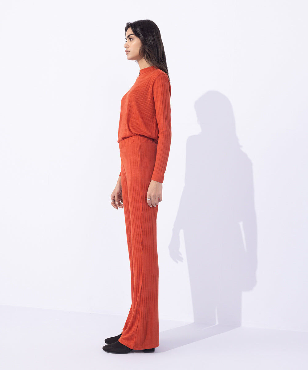 Woman - Orange Ribbed Flared Trousers