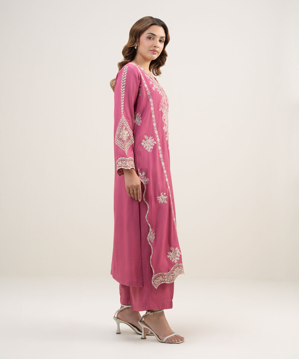 Women's RTW Viscose Raw Silk Embroidered Pink 2 Piece Suit