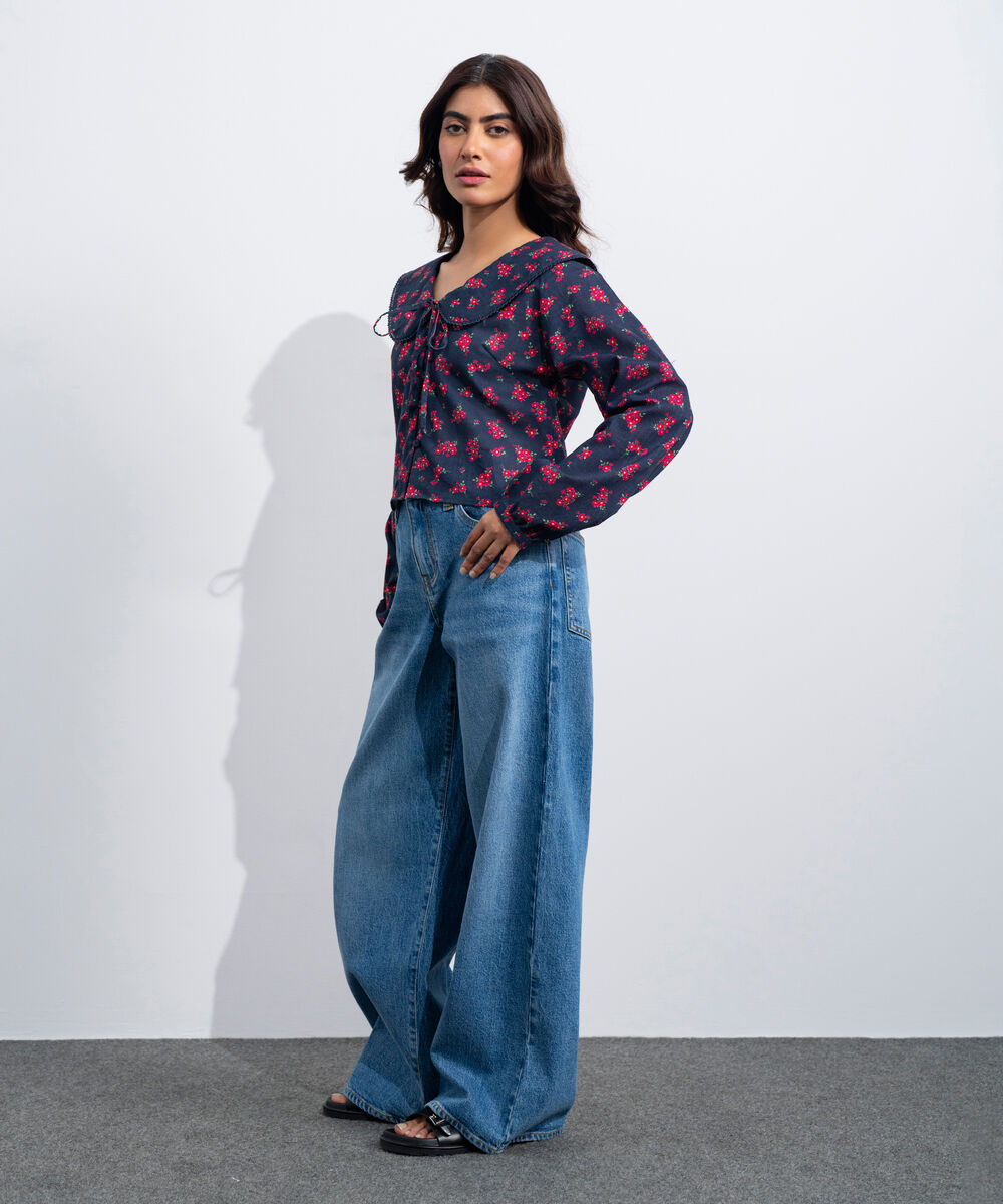 Women's Western Black And  Red Printed Blouse With Peter-Pan Collar