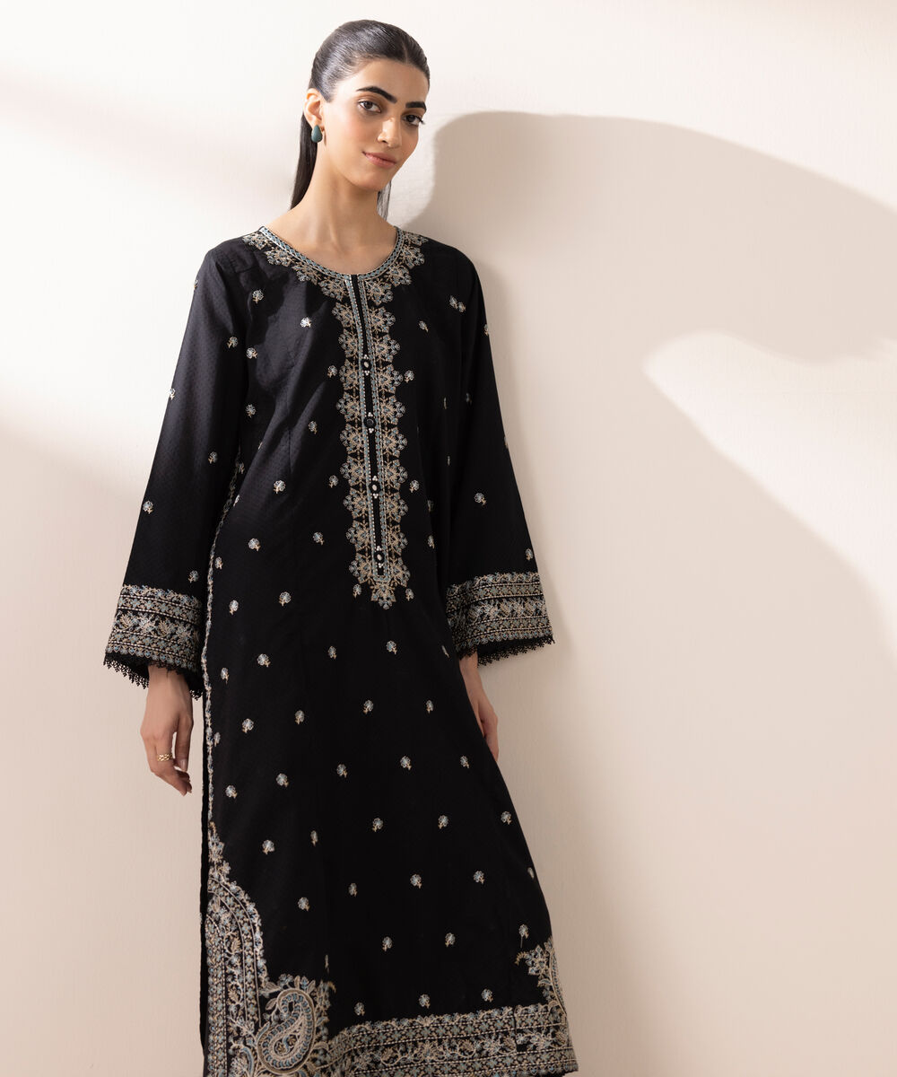 Women's RTW Dobby Black Embroidered A-Line Shirt