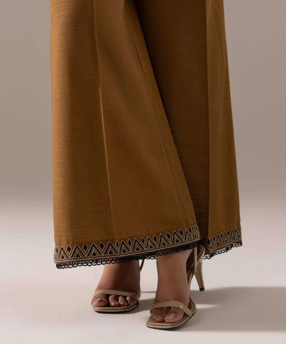 Women's RTW Khaddar Solid Mustard Brown Flared Pants