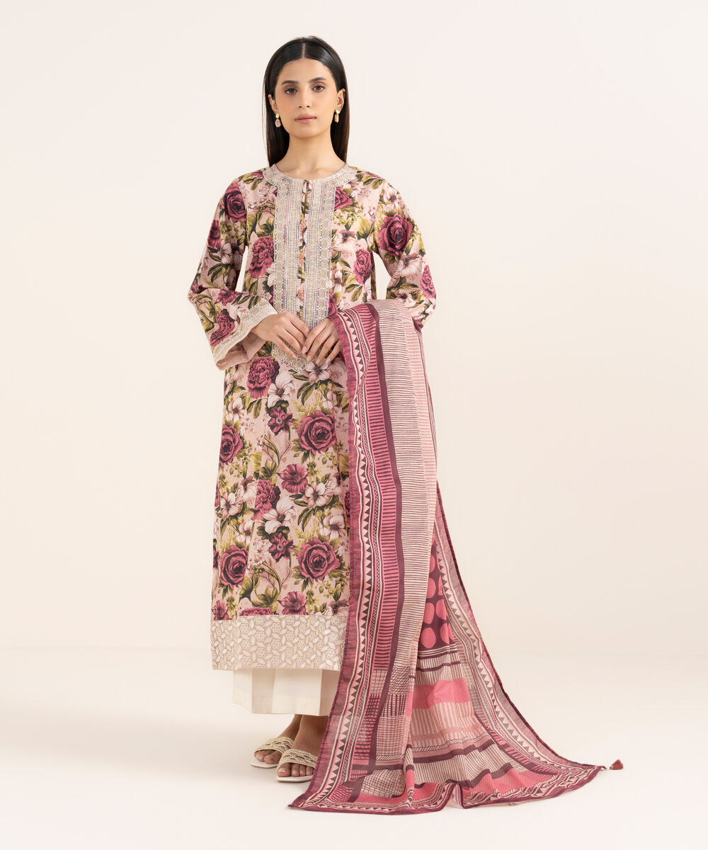 Women's RTW Textured Lawn Pink Embroidered Straight Shirt