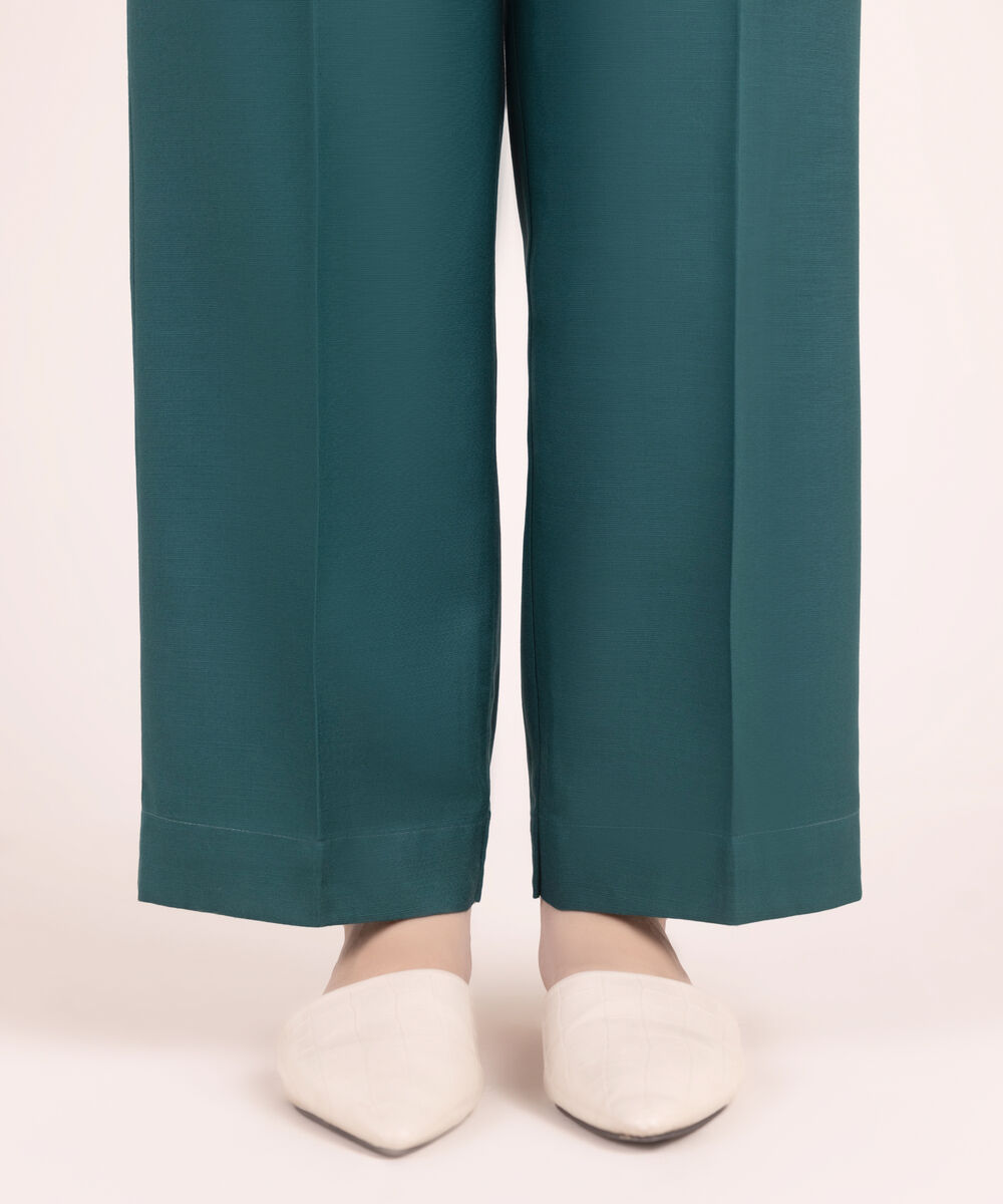 Women's RTW Textured Viscose Solid Green Straight Pants