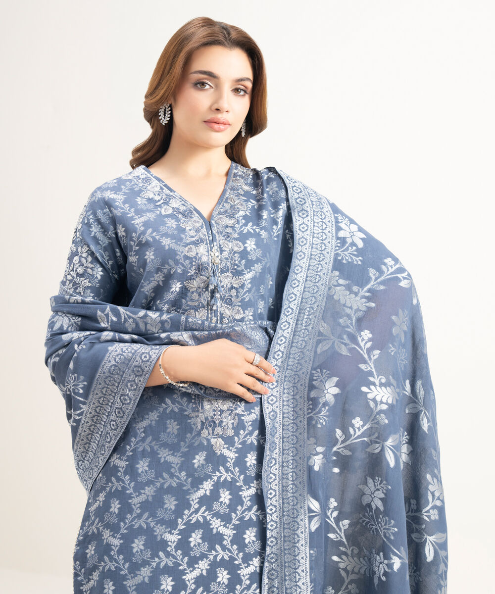 Women's Unstitched Extra Weft Jacquard Embroidered Blue 3 Piece Suit