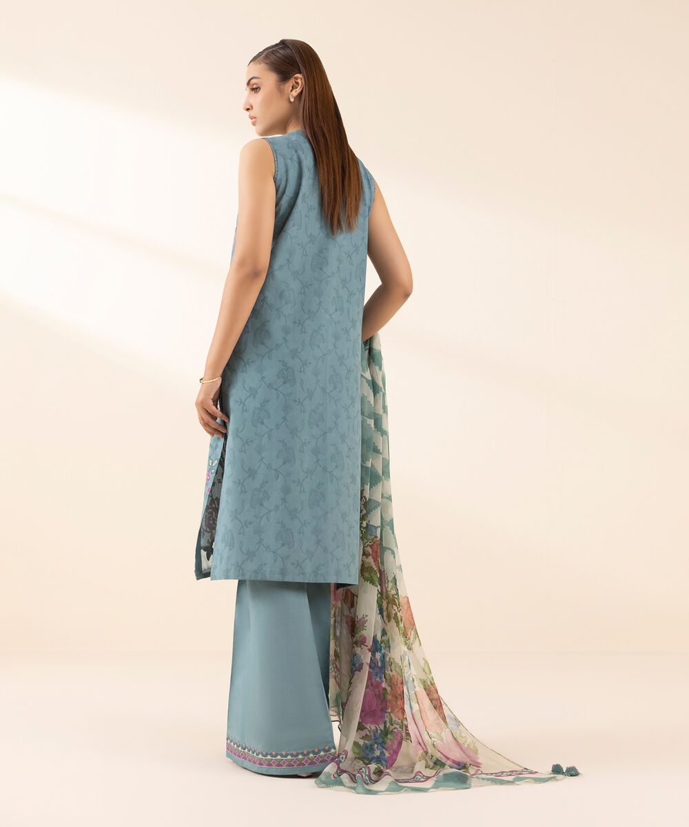 Women's Unstitched Cotton Jacquard Embroidered Blue 3 Piece Suit