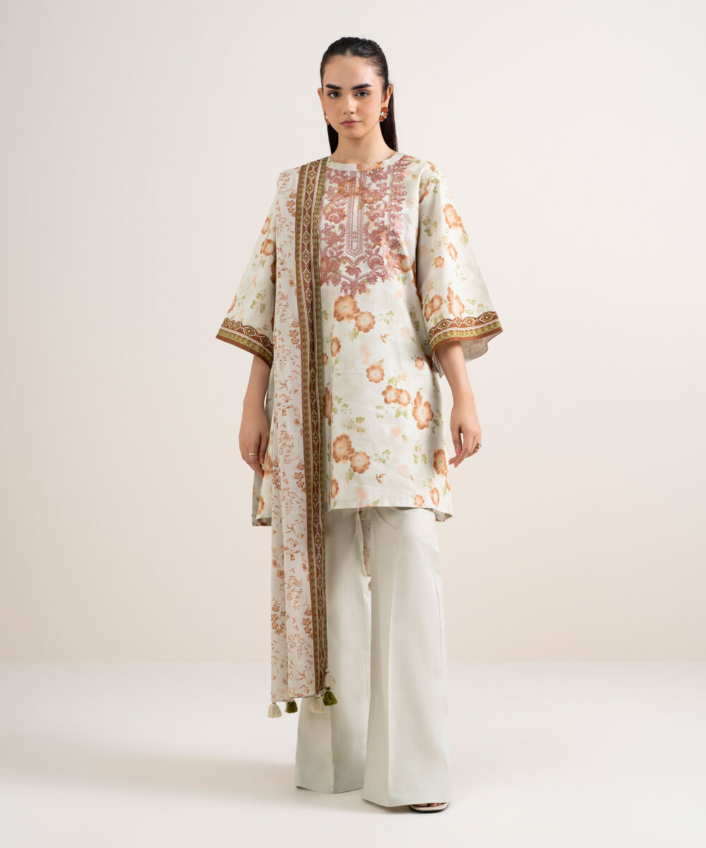 Women's Unstitched Lawn Embroidered Beige 3 Piece Suit