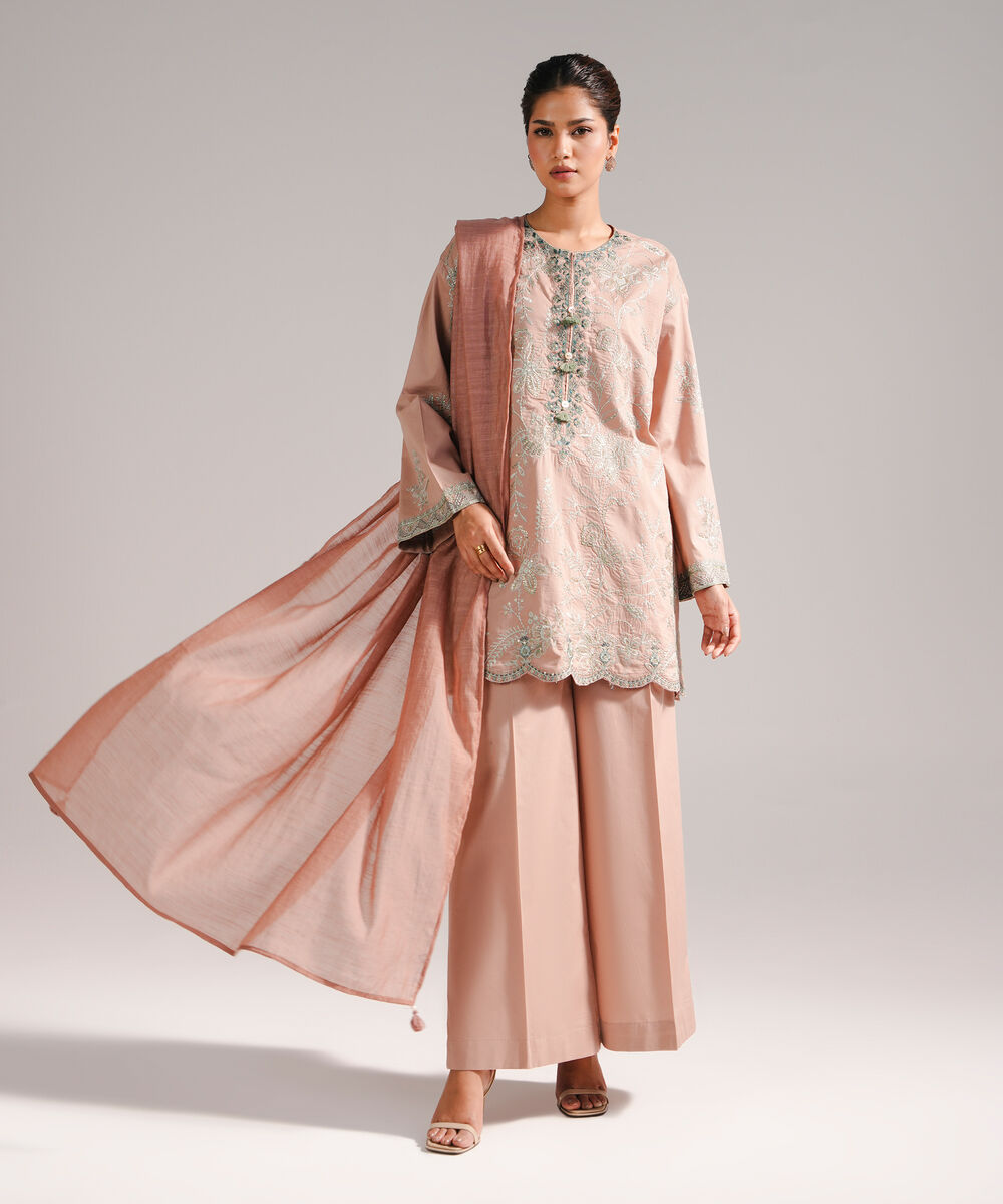 Women's RTW Lawn Embroidered Beige 3 Piece Suit