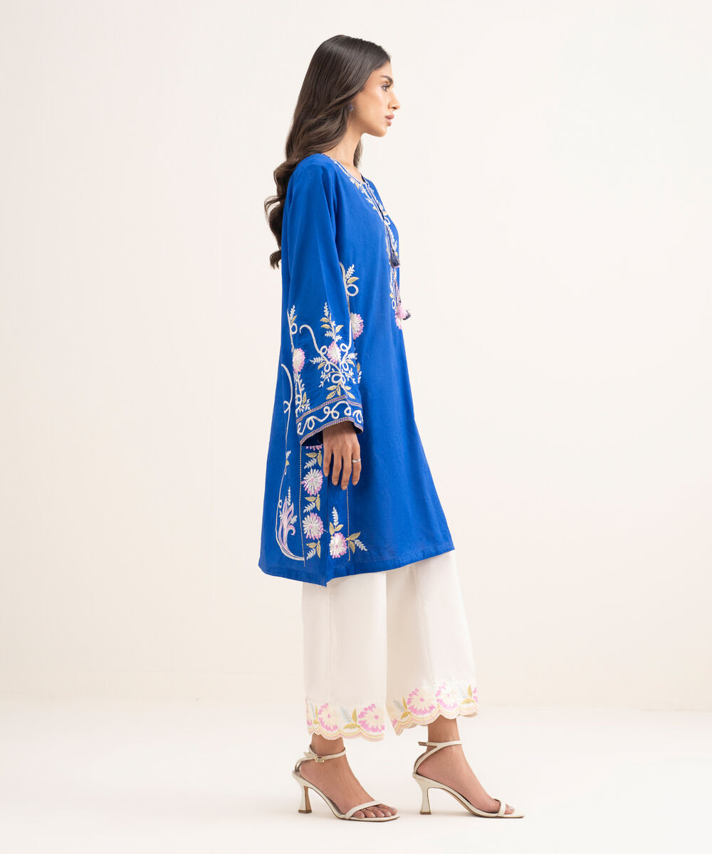 Women's RTW Self Jacquard Embroidered Blue Straight Shirt