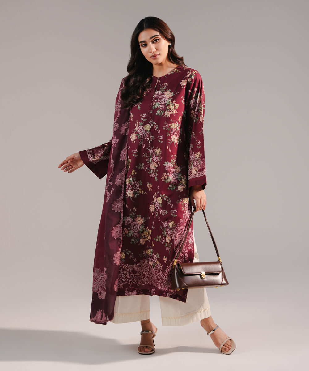 Women's RTW Cotton Viscose Printed Plum 2 Piece Suit