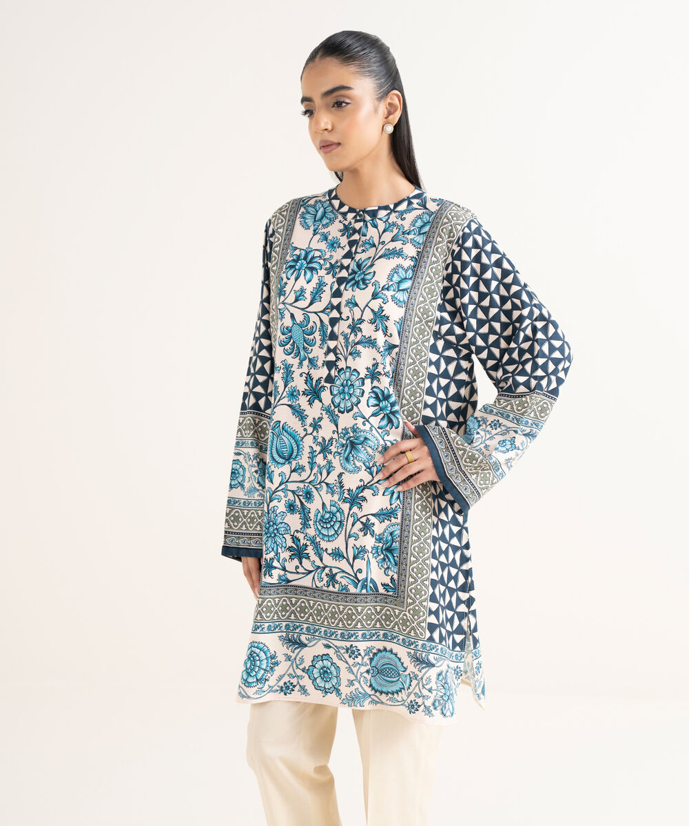 Women's RTW Cotton Printed Drop Shoulder Blue Shirt