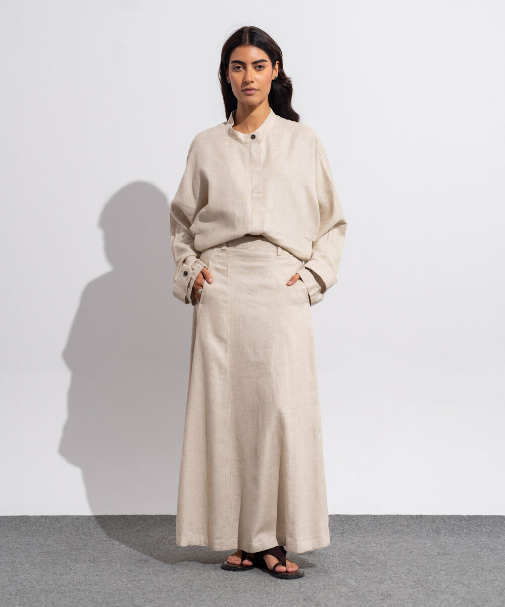 Women's Western Wear Beige Panelled Linen Blend Skirt