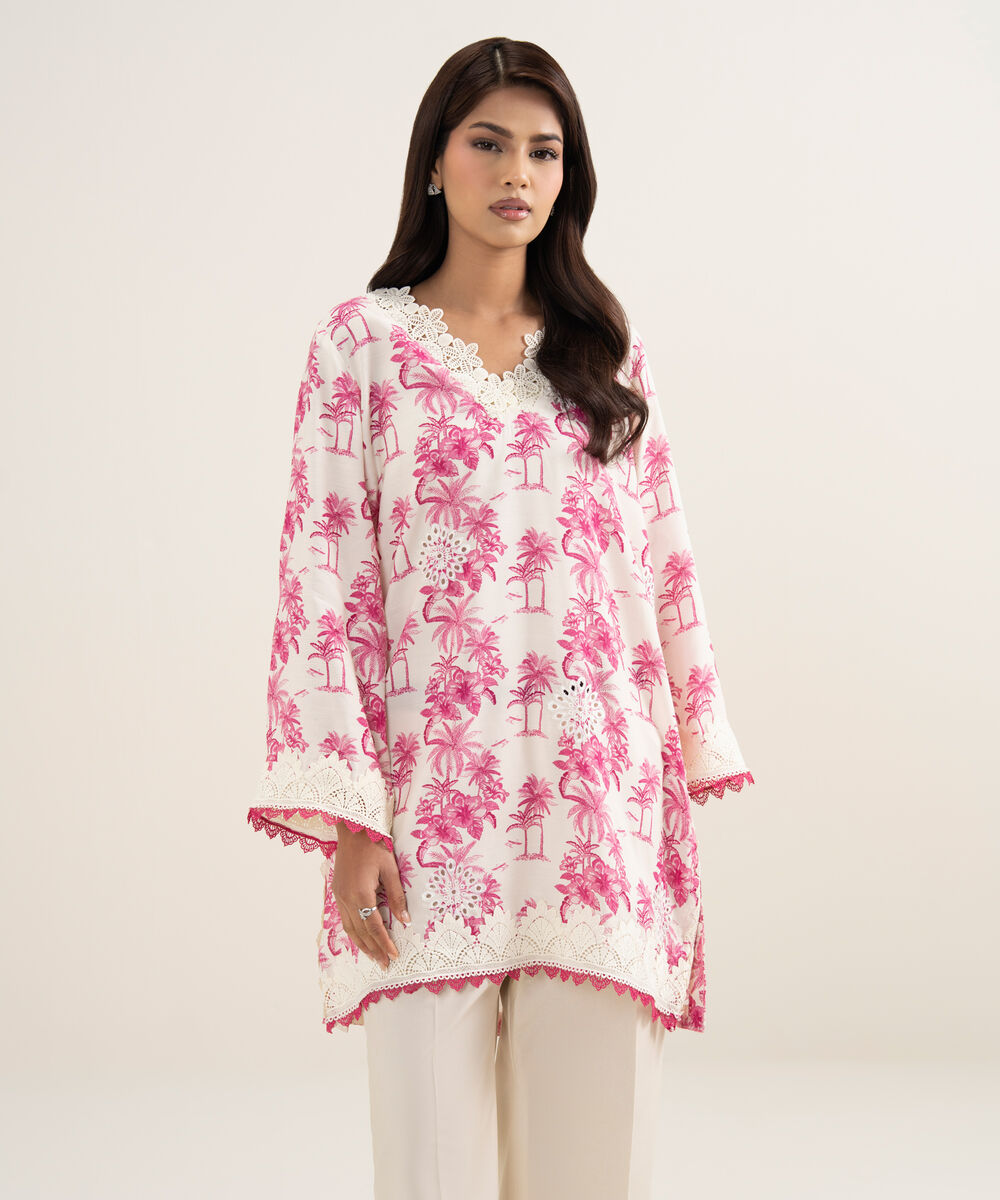 Women's RTW Viscose Raw Silk Embroidered Pink Straight Shirt