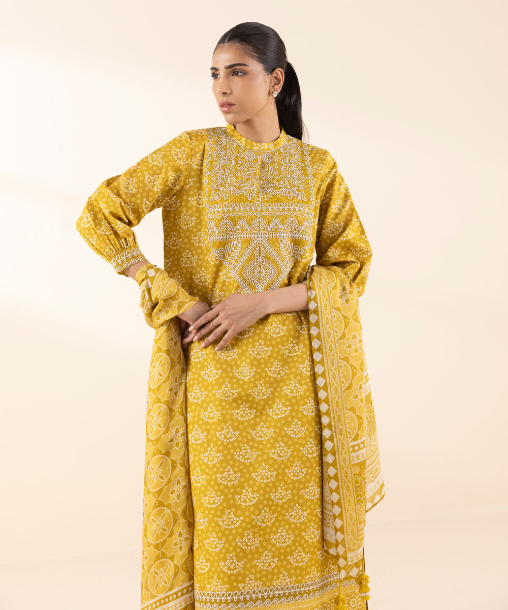 Women's Unstitched Lawn Embroidered Yellow 3 Piece Suit