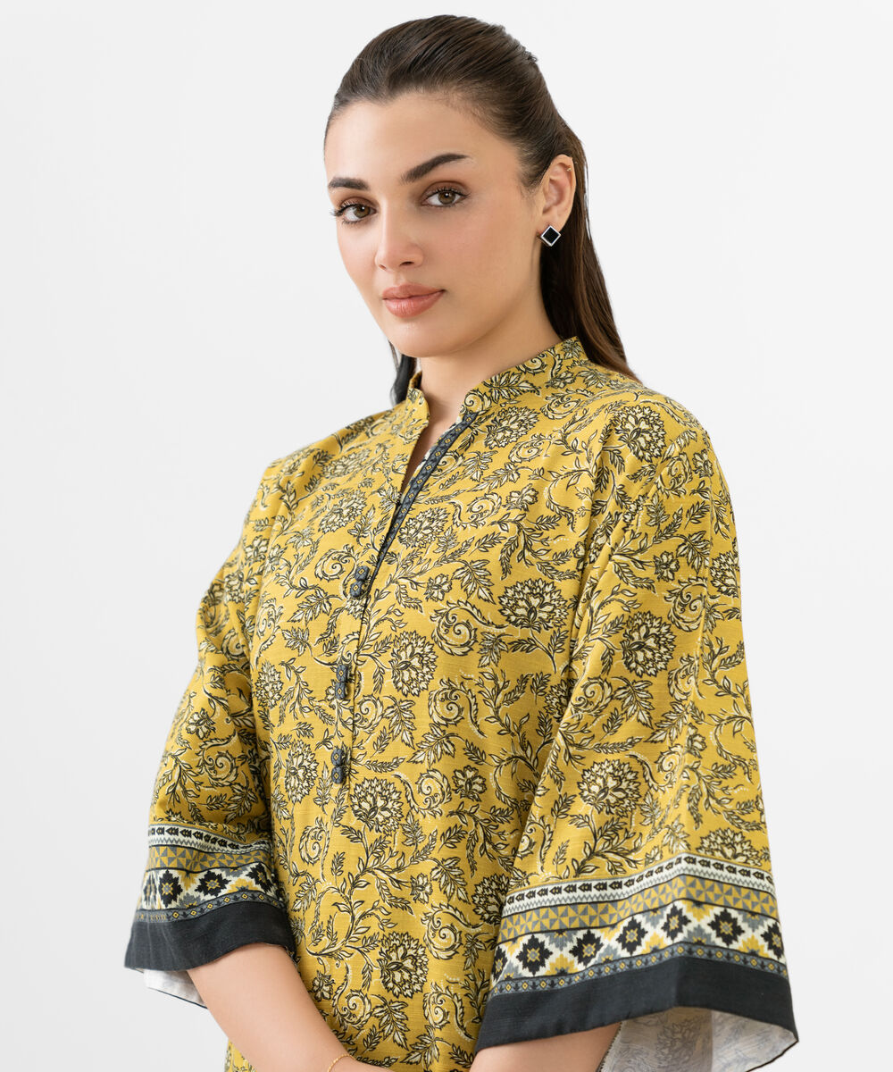 Women's Unstitched Cotton Printed Yellow 2 Piece Suit