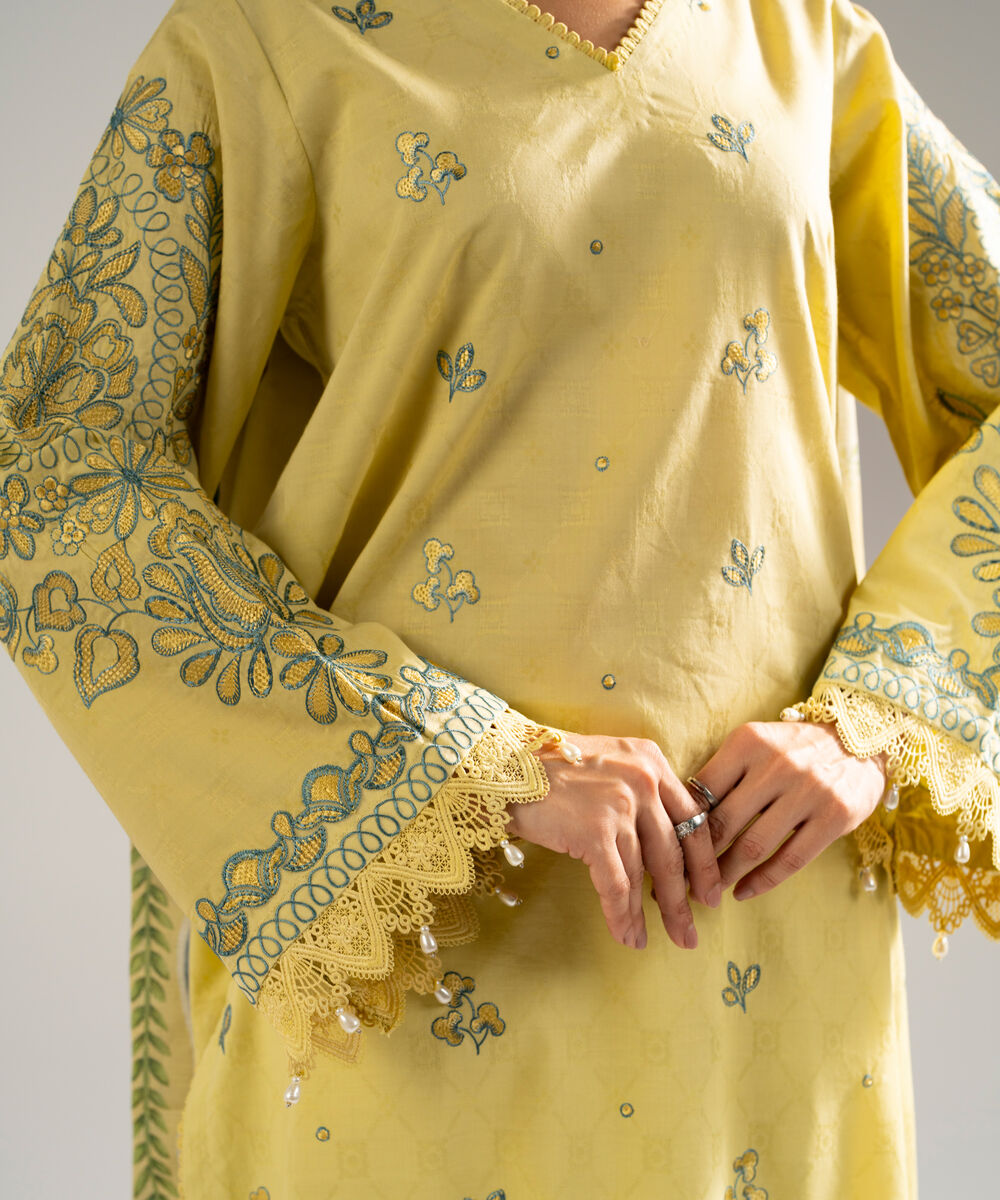 Women's RTW Self Jacquard Embroidered Yellow 3 Piece Suit