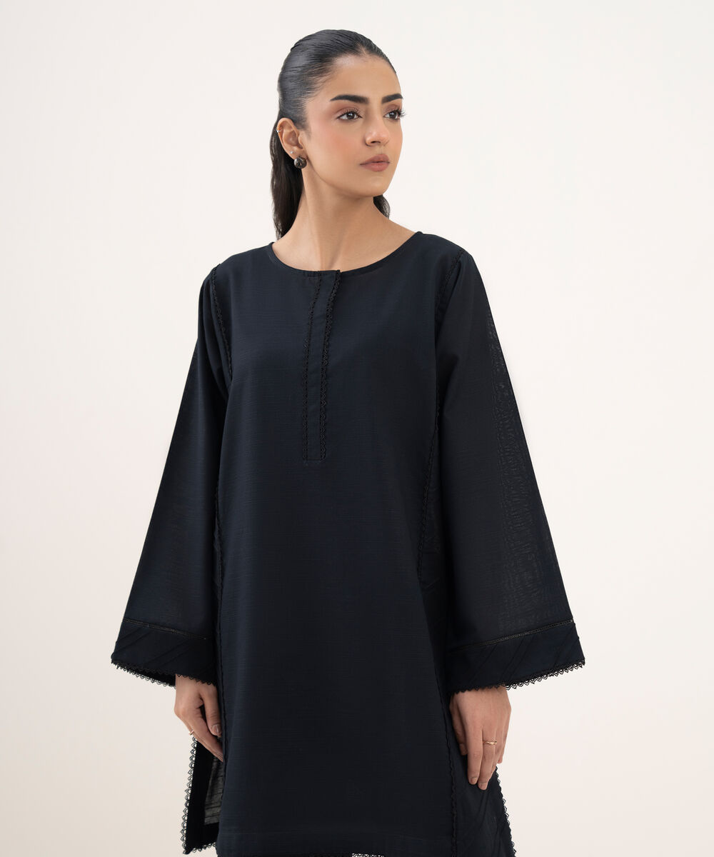 Women's RTW Khaddar Solid Straight Black Shirt