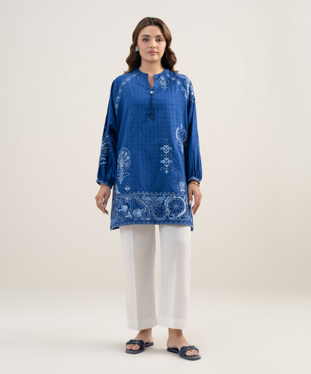 Women's RTW Dobby Embroidered Dark Blue Drop Shoulder Shirt