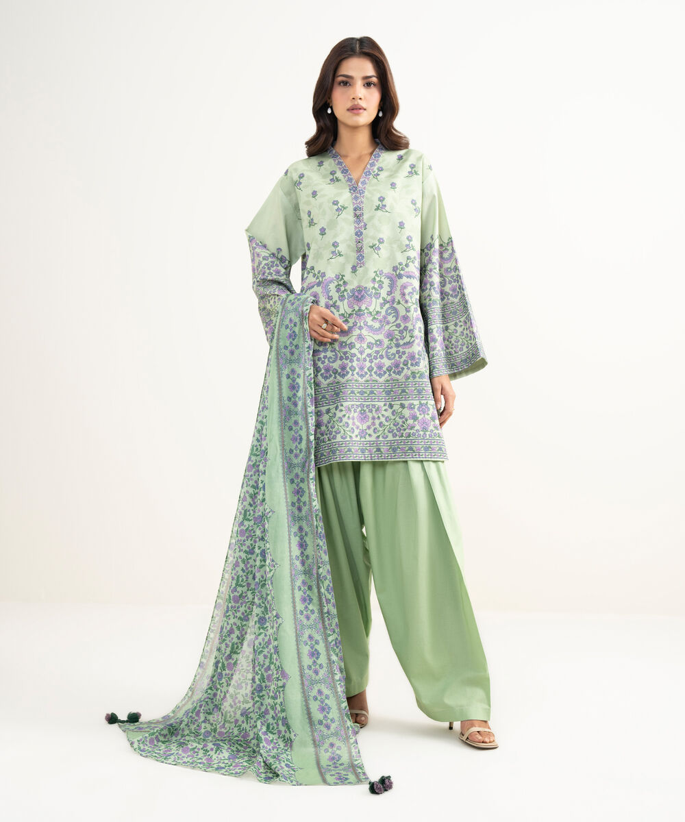 Women's Unstitched Zari Lawn Embroidered Green 3 Piece Suit